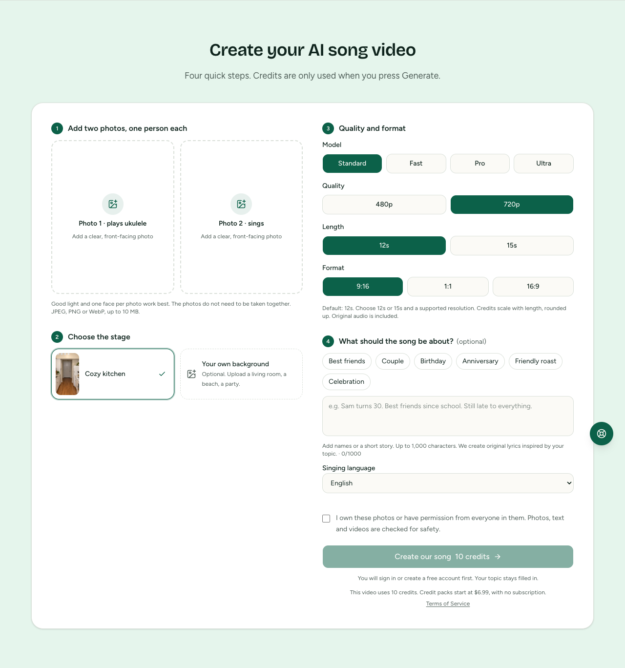 Actual Oouuh AI generator showing two portrait roles, kitchen or custom background, quality settings and song topic